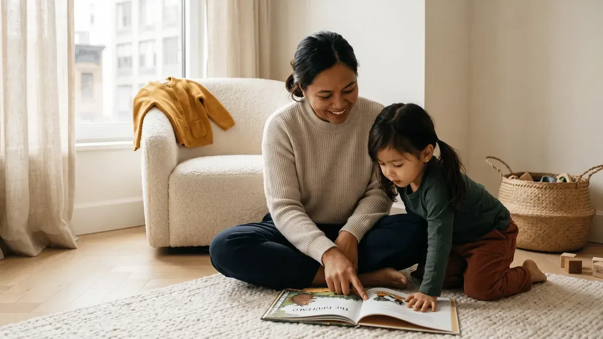 A nanny and a young child reading a picture book together on the floor of a bright New York living room.