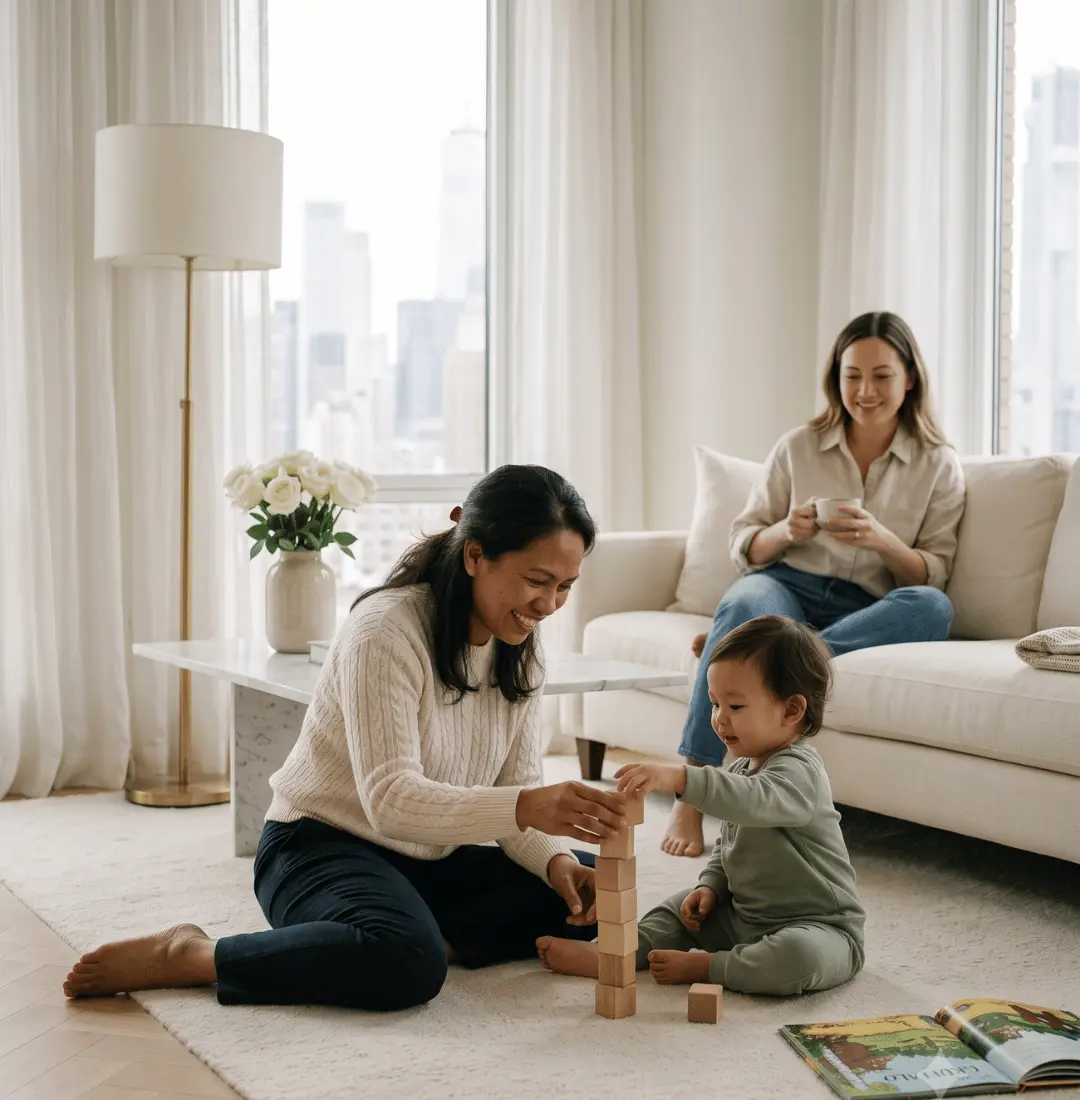 A nanny and a mother playing with a young child in a bright New York living room.