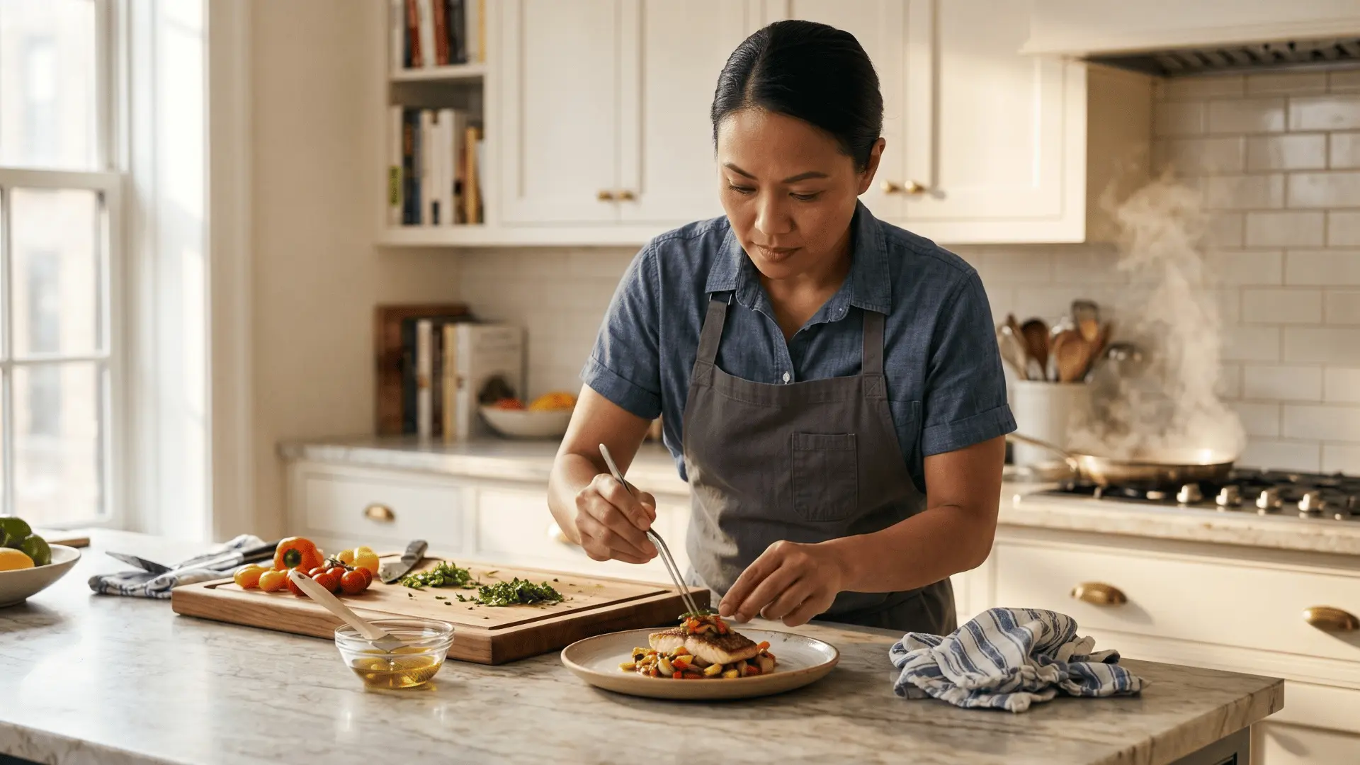 A private chef plating a home-cooked meal in a bright New York kitchen.