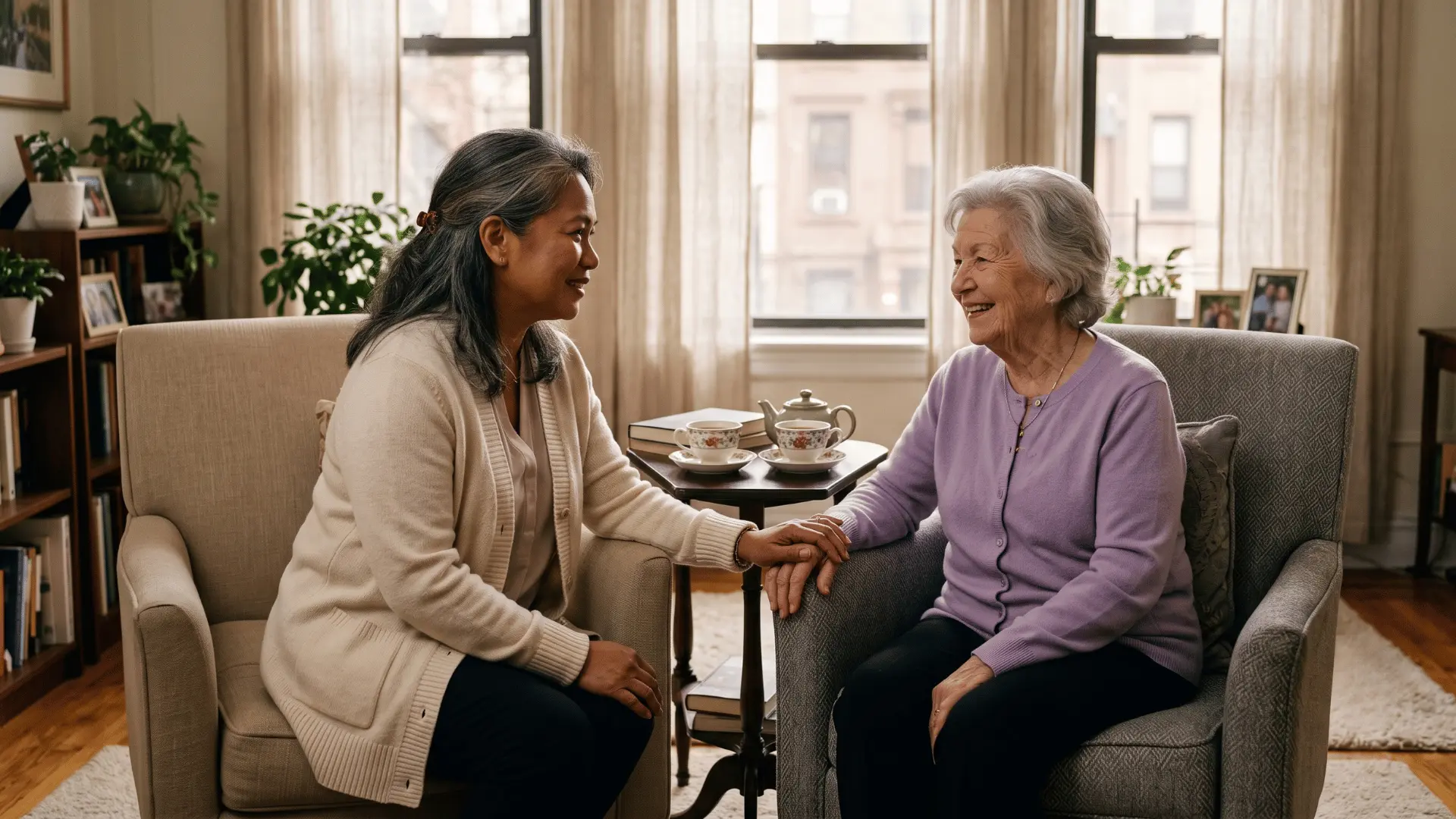 A private caregiver sharing a warm moment with an older family member in a New York home.