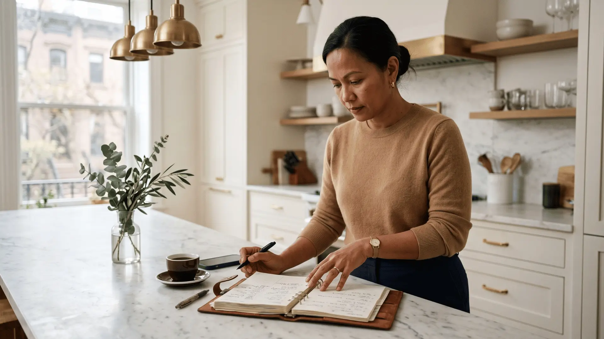 A household manager reviewing a schedule at a kitchen island in a New York home.