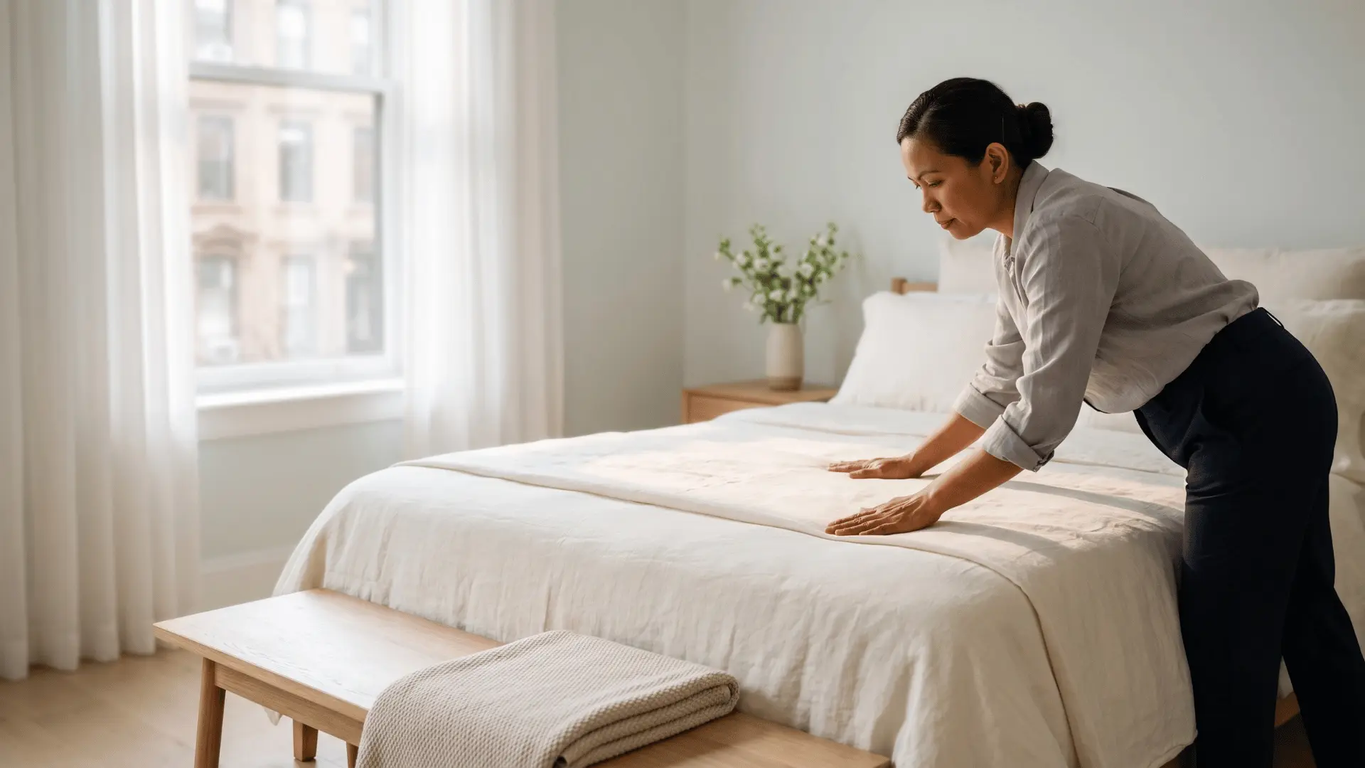 A housekeeper smoothing fresh linens on a bed in a bright New York bedroom.