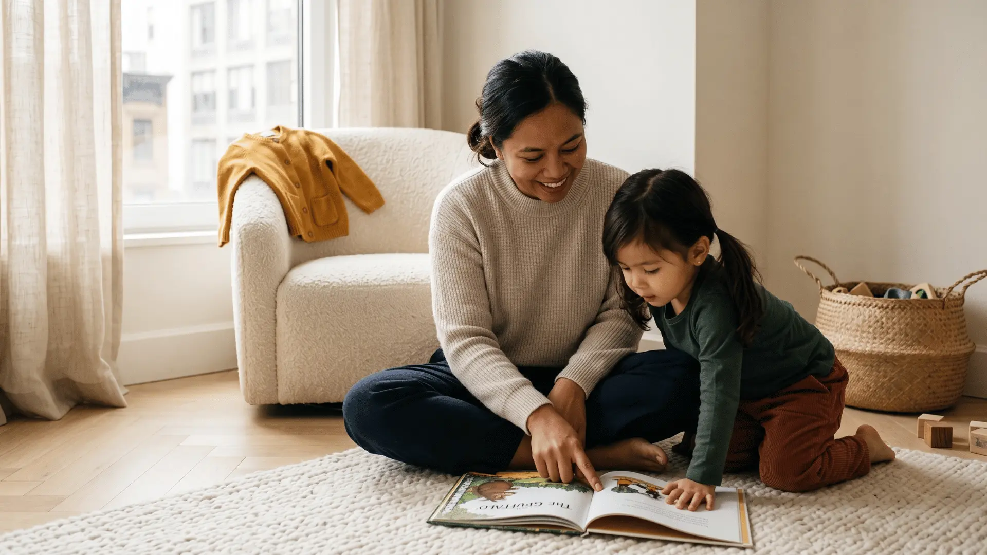 A nanny reading a picture book with a young child in a sunlit New York home.
