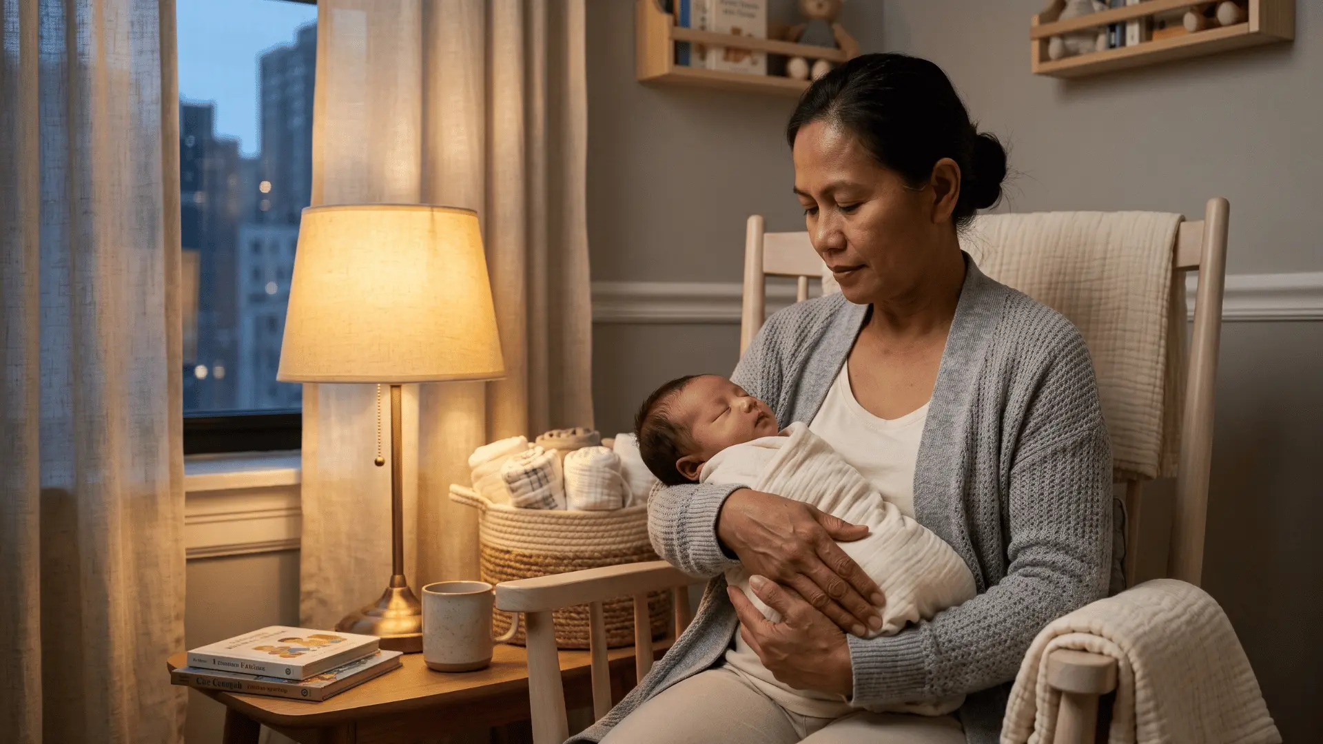 A newborn care specialist calmly holding a sleeping infant in a soft nursery.