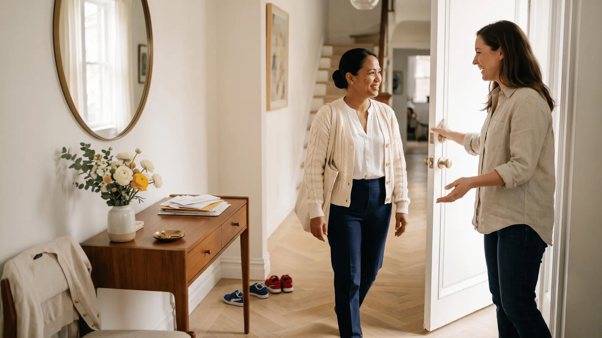 A household professional being welcomed at the door for a short-term placement in a New York home.